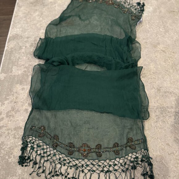 Sue Wong 100% Silk Scarf Dress Green Gold Sheer Shawl Hand Beaded Jewel Large #2 - Picture 6 of 14